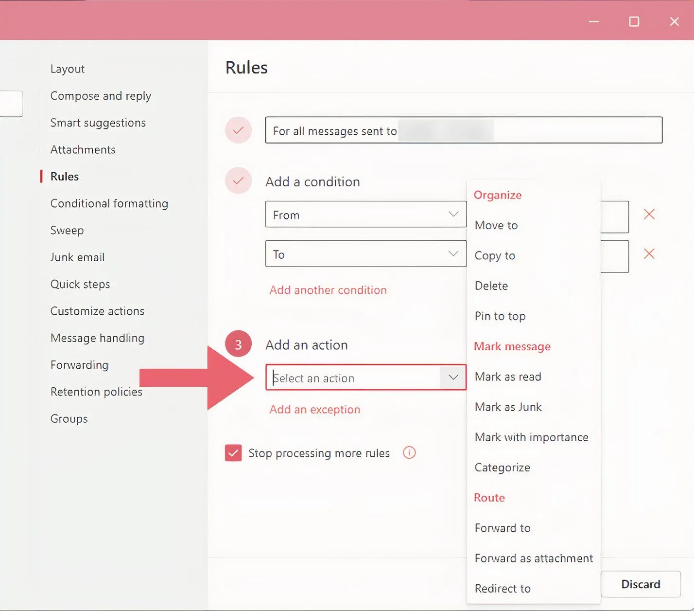 Menu thả xuống lựa chọn hành động trong cài đặt Quy tắc Outlook