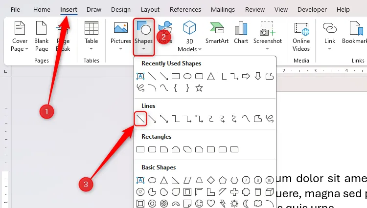 Menu thả xuống "Shapes" trong tab "Insert" của Microsoft Word, với tùy chọn "Line" được chọn để vẽ đường kẻ thủ công.