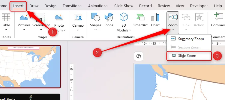 Menu thả xuống tính năng Zoom trong tab Chèn của PowerPoint, với tùy chọn Slide Zoom được chọn.