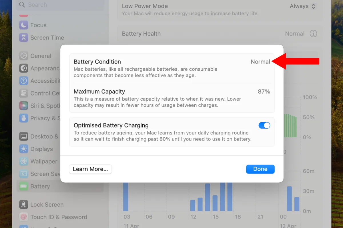 Menu tình trạng pin trên macOS