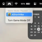 Menu tùy chọn Chế độ trò chơi trên thanh menu macOS Sonoma, cho phép bật/tắt tính năng Game Mode trong ứng dụng.