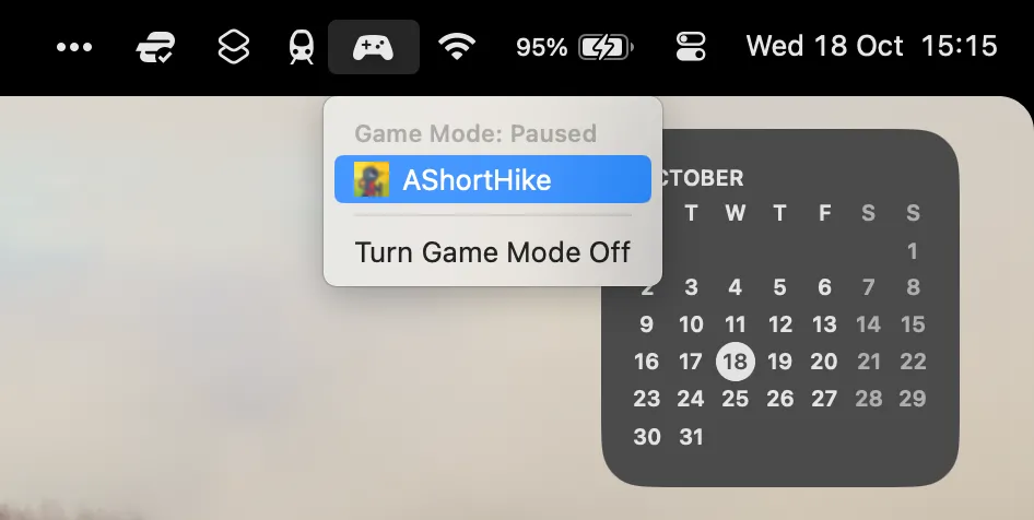 Menu tùy chọn Chế độ trò chơi trên thanh menu macOS Sonoma, cho phép bật/tắt tính năng Game Mode trong ứng dụng.