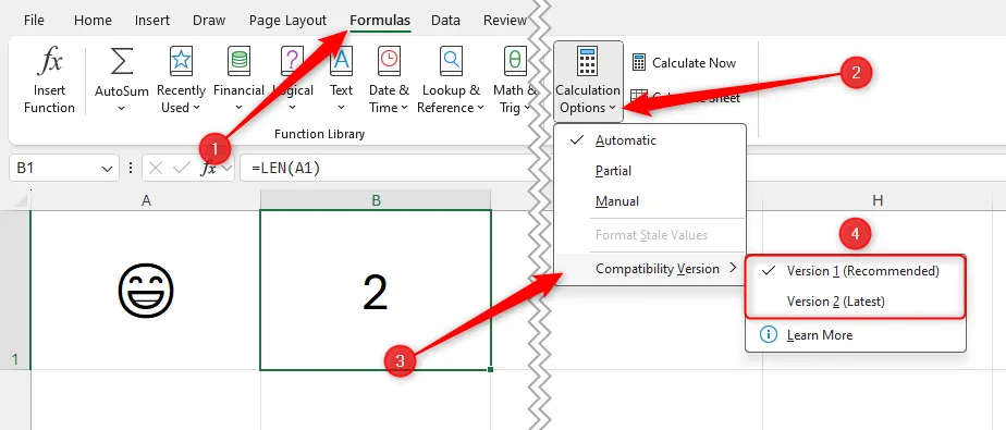 Menu tùy chọn Compatibility Version (Phiên bản tương thích) trong Calculation Options của tab Formulas trên Excel, hiển thị các lựa chọn Version 1 và Version 2.