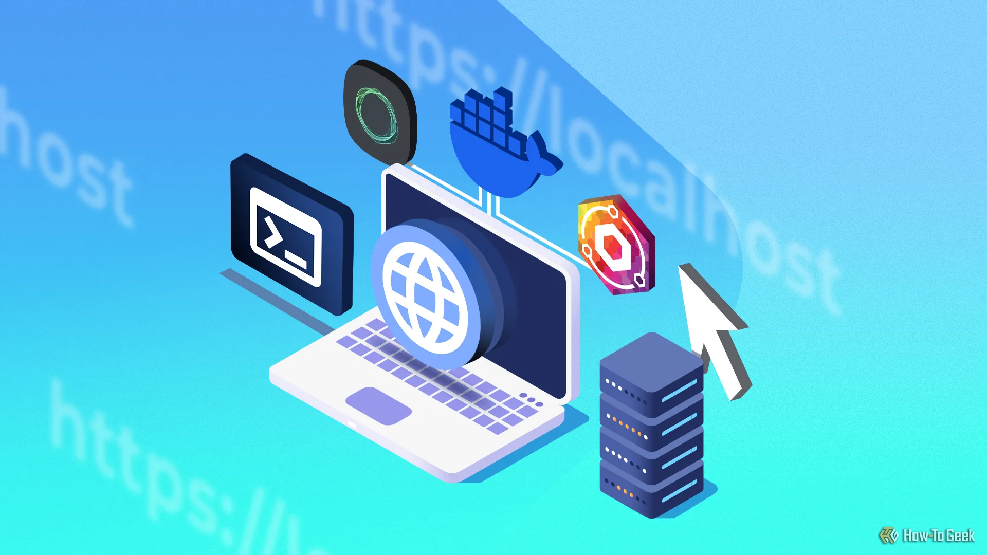 Minh họa máy tính xách tay và máy chủ cùng các biểu tượng internet, tượng trưng cho ứng dụng mật mã học trong bảo mật trực tuyến.