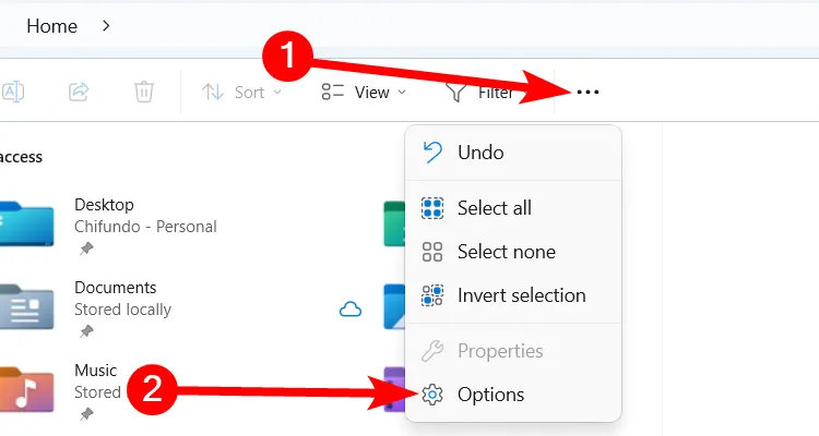 Mở tùy chọn thư mục trong File Explorer trên Windows 11 để điều chỉnh cài đặt