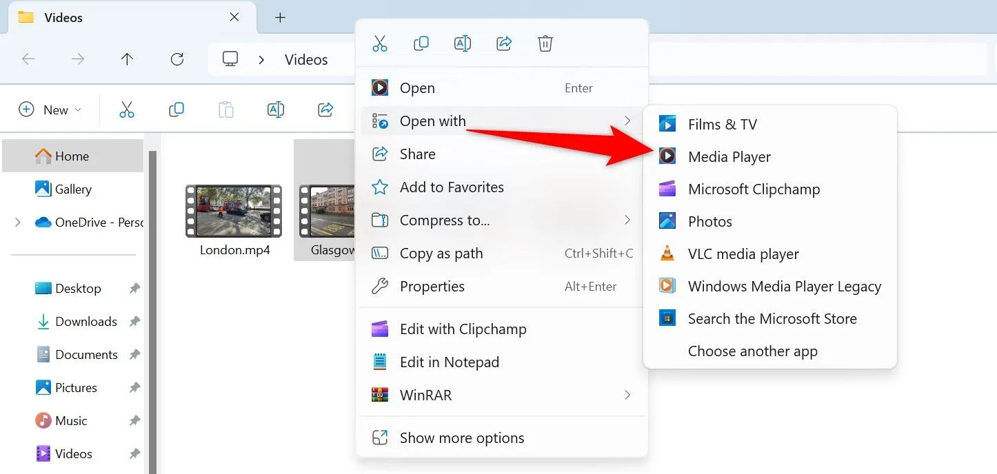 Mở video bằng ứng dụng Media Player tích hợp trên Windows 11.