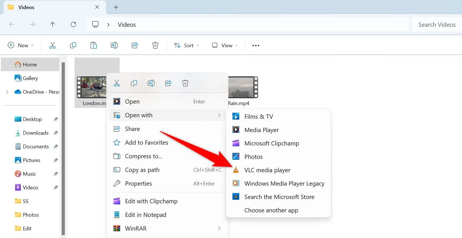 Mở video bằng VLC Media Player trên File Explorer trong Windows 11.