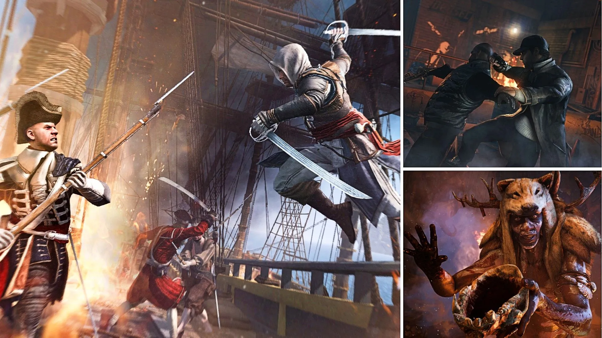 Mối liên kết vũ trụ game Ubisoft: Edward Kenway từ Assassin's Creed IV: Black Flag, Aiden Pearce từ Watch Dogs, và hình ảnh shaman trong Far Cry Primal.