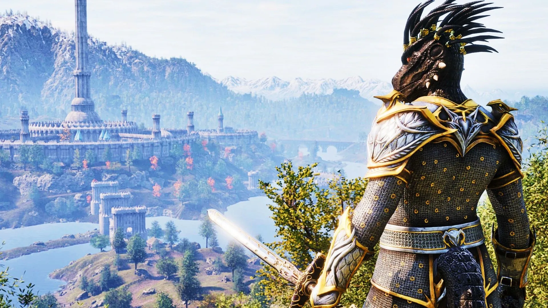 Một Argonian mặc giáp trụ cầm kiếm đứng trước Thành phố Hoàng gia trong The Elder Scrolls IV: Oblivion, thể hiện thế giới giả tưởng rộng lớn và phức tạp.