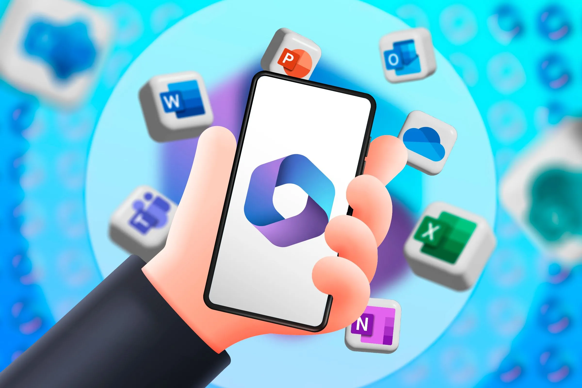Một bàn tay cầm điện thoại thông minh hiển thị logo Microsoft 365, với các biểu tượng ứng dụng Word, Excel, PowerPoint, Outlook và Teams xung quanh.