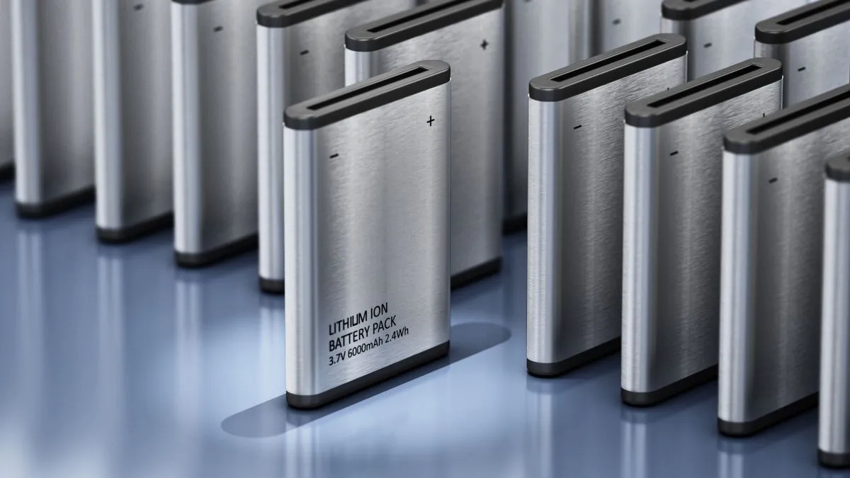 Một bộ pin lithium ion với một viên pin nổi bật.