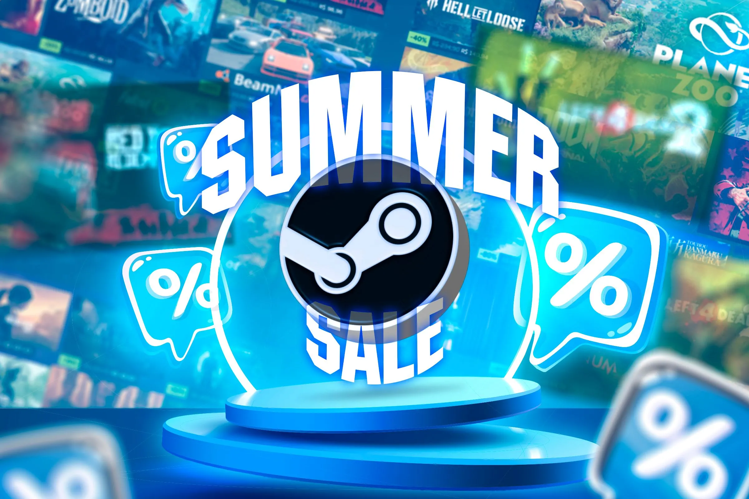 Một bục vinh quang với logo Steam, bao quanh bởi các biểu tượng giảm giá và game đang khuyến mãi ở phía sau, biểu tượng cho các đợt sale game lớn trên PC.