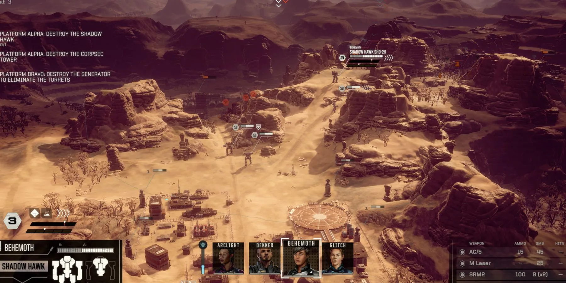 Một cảnh chiến đấu trong game Battletech, với các robot khổng lồ Mech trên chiến trường