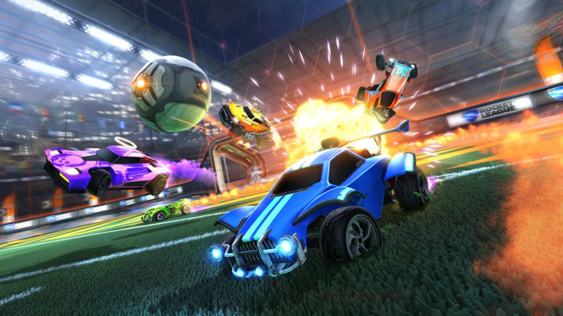 Một cảnh hỗn loạn với ô tô và quả bóng bay trong không trung trong Rocket League.