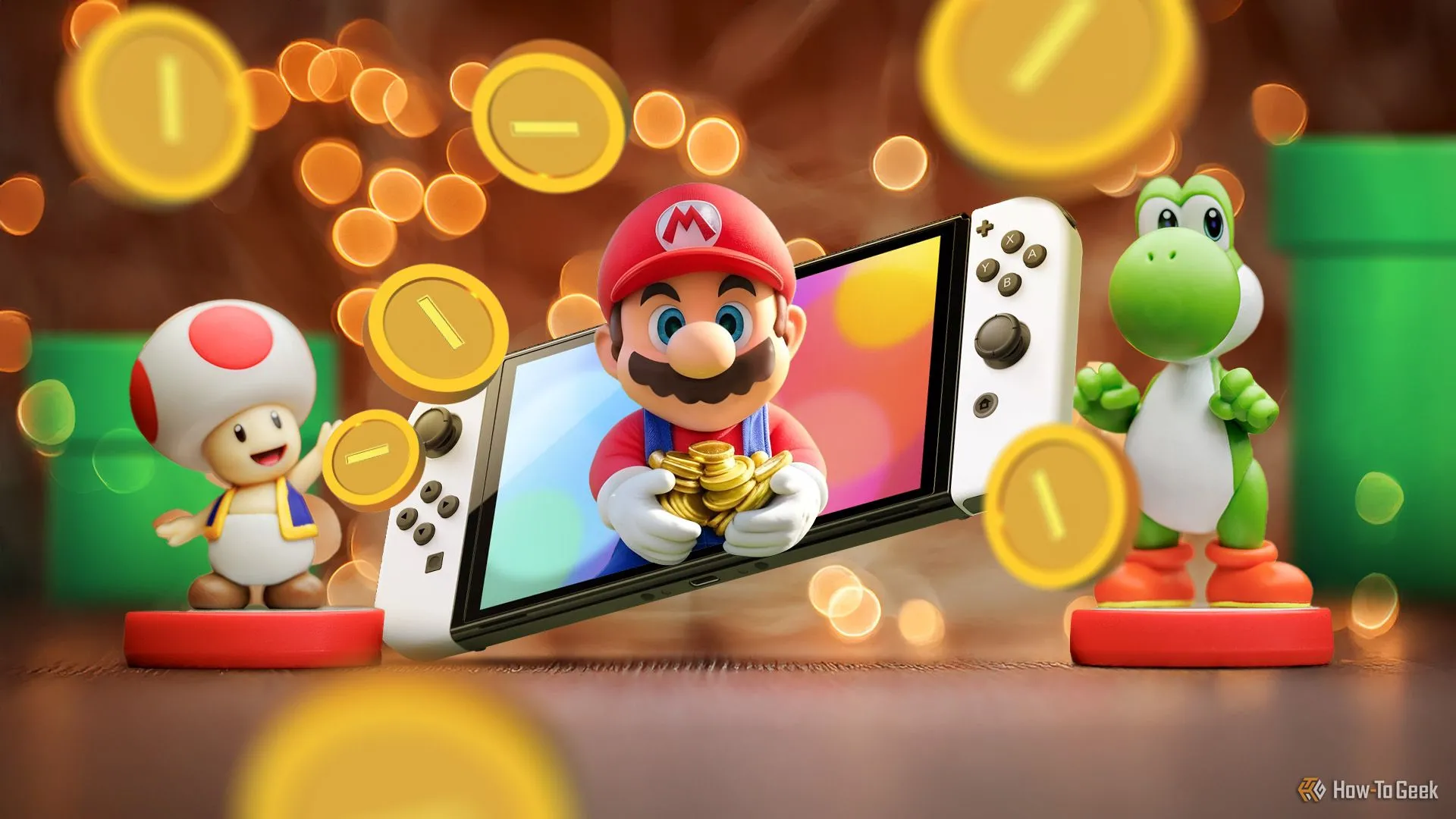 Một chiếc Nintendo Switch hiển thị trò chơi Super Mario với Mario, Toad và Yoshi cùng những đồng xu xung quanh