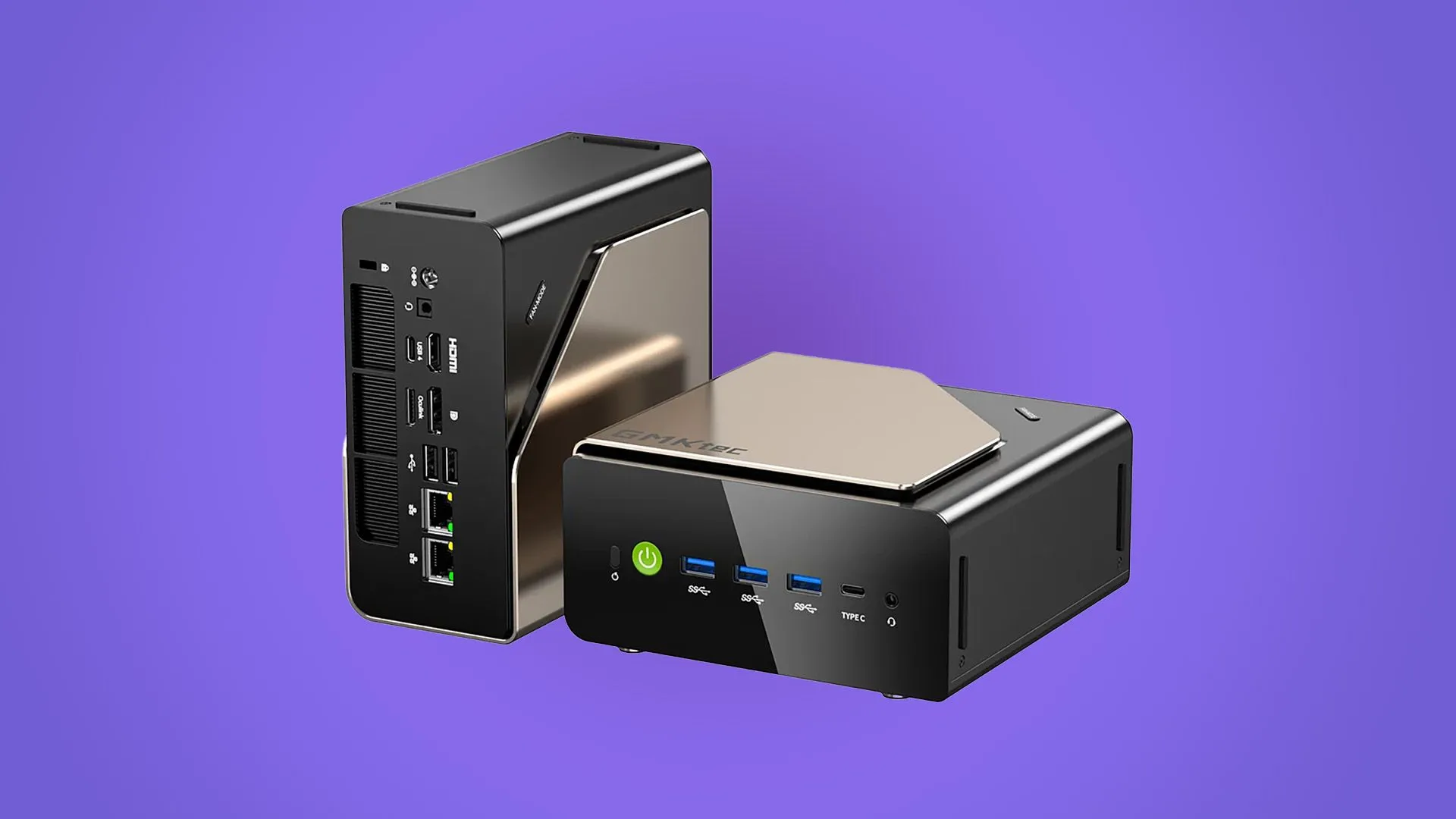 Một chiếc PC mini nhỏ gọn của GMK với cổng kết nối ở mặt trước, thể hiện sức mạnh của Intel Core Ultra 9 và 64GB RAM trong không gian hạn chế.
