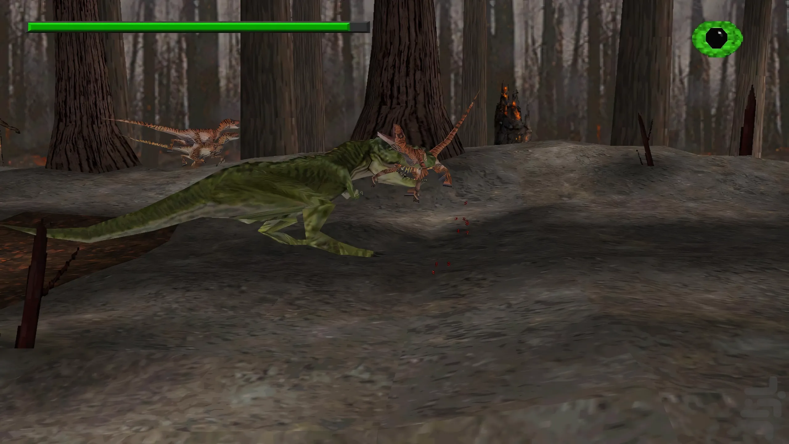 Một con khủng long Velociraptor đang rình rập trong khu rừng tối tăm của trò chơi The Lost World: Jurassic Park.