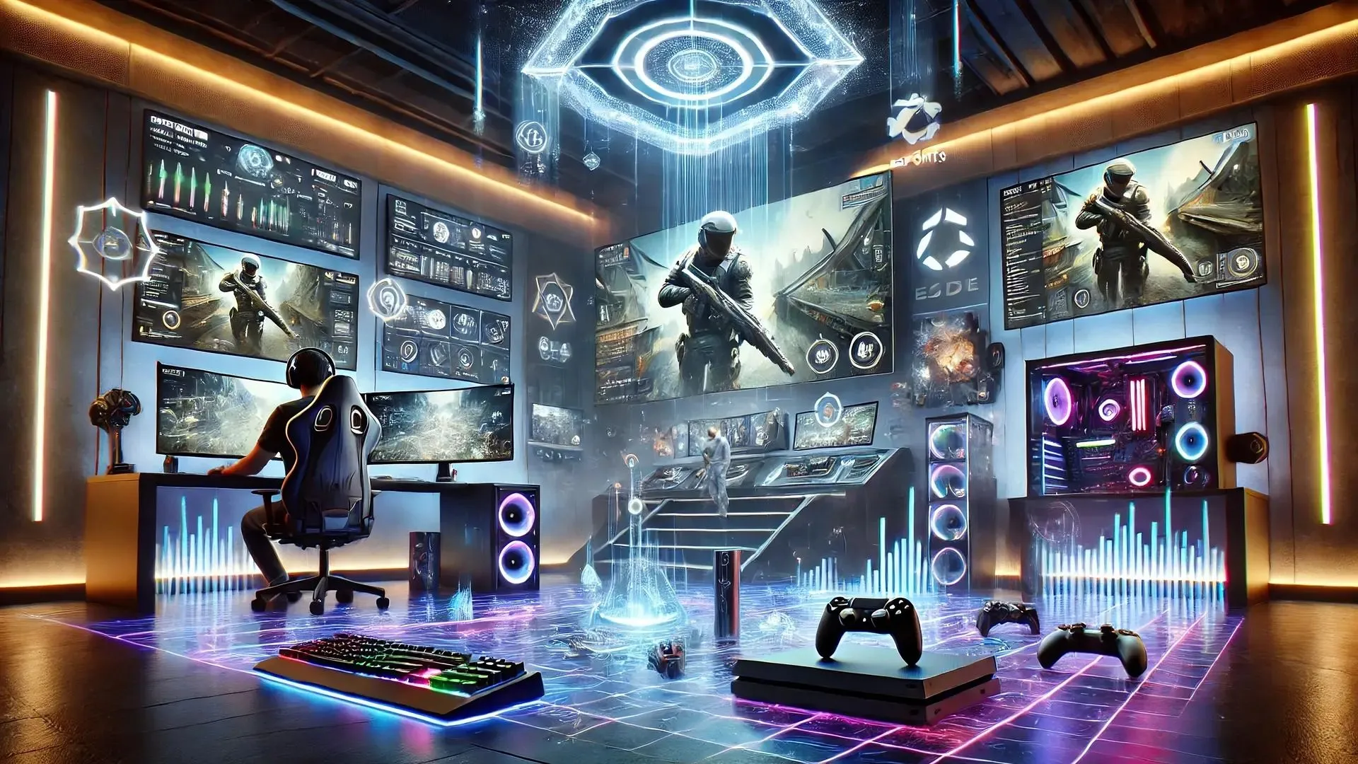 Một hình ảnh được tạo bởi AI về màn hình chơi game, console, loa, PC và bàn phím trong một căn phòng tương lai với ánh đèn neon, đại diện cho thế giới gaming hiện đại.