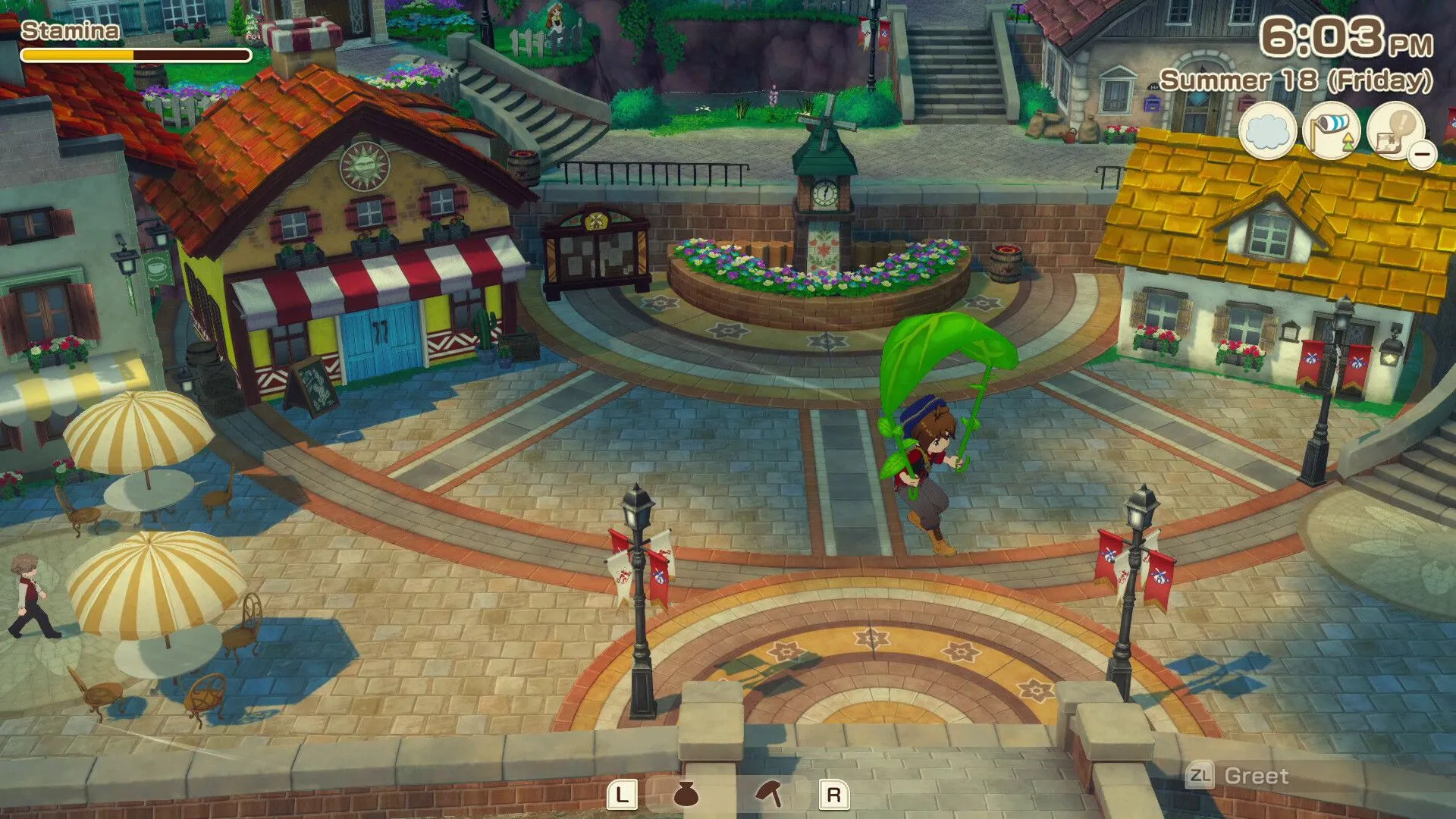 Một khoảnh khắc yên bình trong Story of Seasons: Grand Bazaar, thể hiện cuộc sống nông thôn thư giãn.