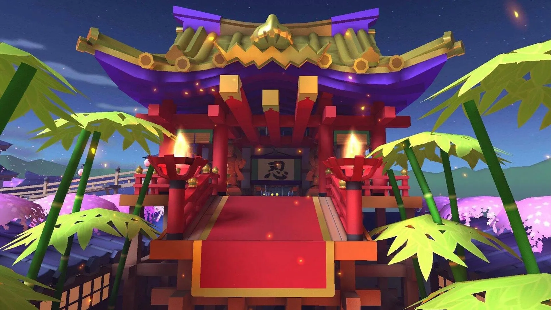 Một ngôi chùa đặc trưng trong đường đua Ninja Hideaway của Mario Kart Tour, thể hiện kiến trúc Nhật Bản độc đáo.