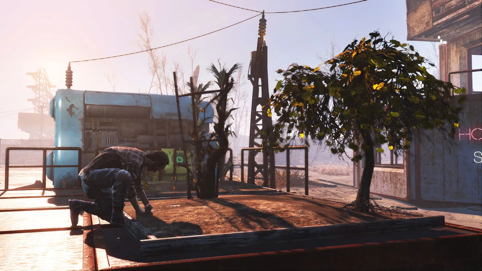 Một người chơi đang chăm sóc cây trồng tại một khu định cư trong game Fallout 4, thể hiện hệ thống xây dựng và quản lý căn cứ.