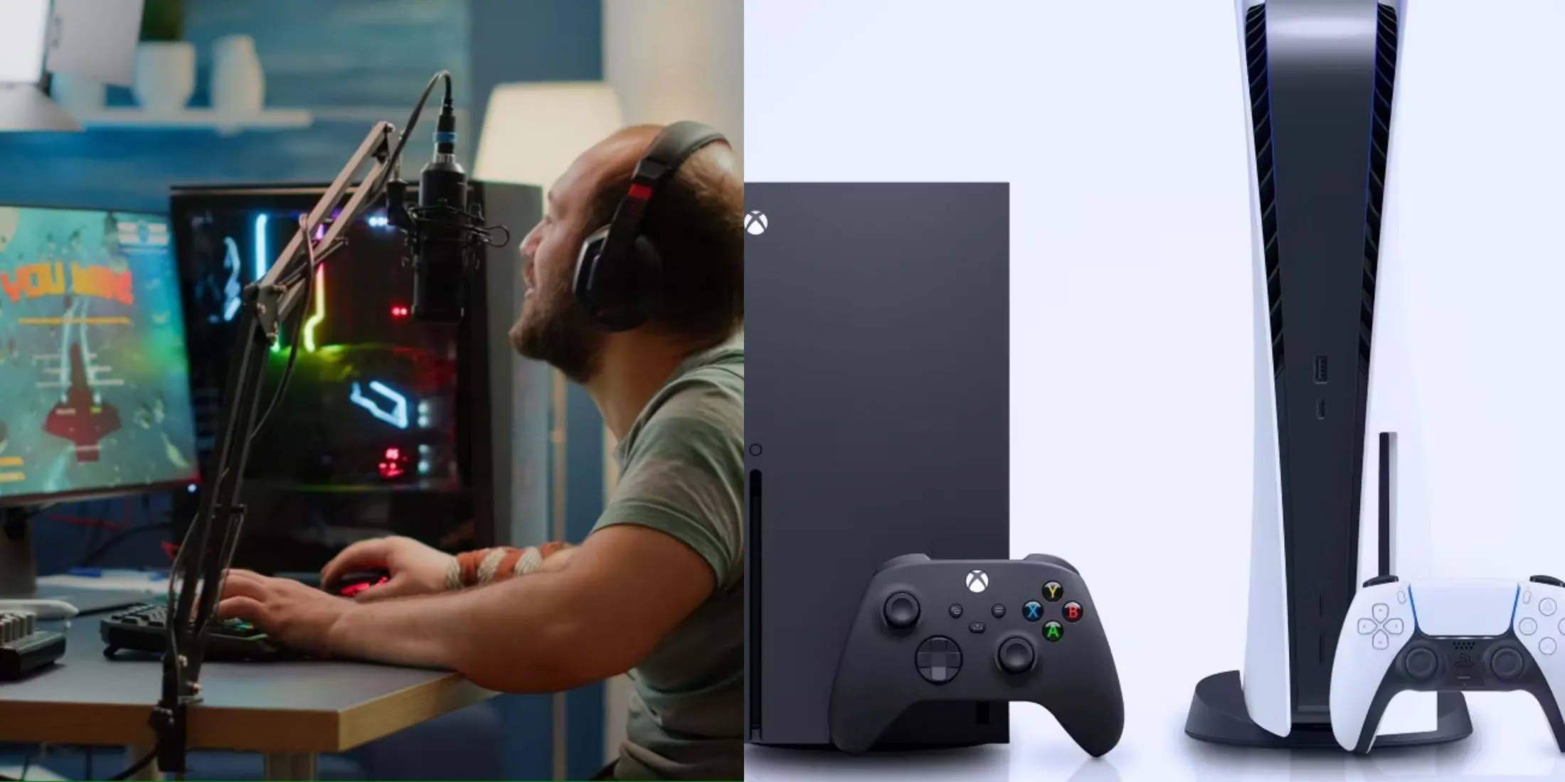 Một người đàn ông đang chơi game trên máy tính, bên cạnh là hình ảnh của Xbox Series X và PlayStation 5, thể hiện sự khác biệt giữa trải nghiệm PC và console.