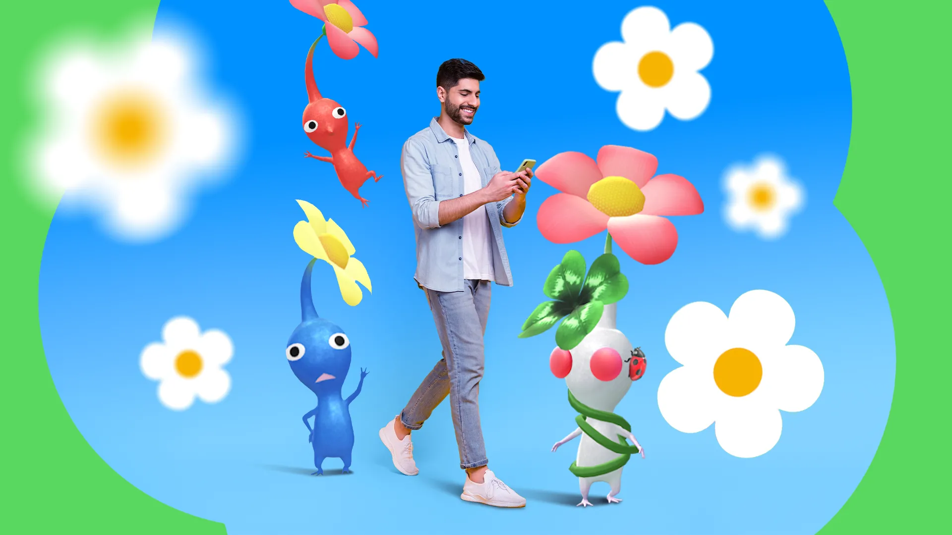 Một người đàn ông đang đi bộ và dùng điện thoại, xung quanh là các nhân vật Pikmin Bloom vui nhộn và hoa hoạt hình, khuyến khích vận động ngoài trời
