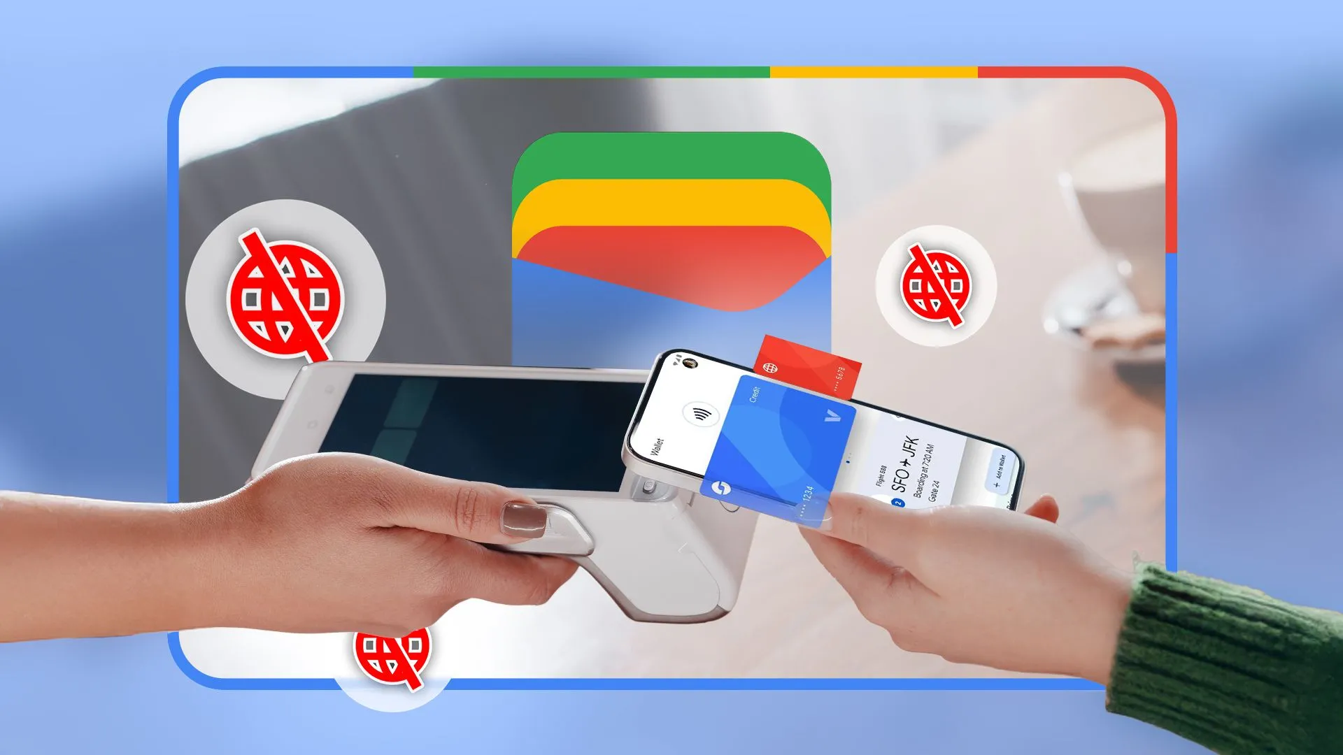 Một người đang dùng điện thoại để thanh toán qua NFC trên máy đọc thẻ, với logo Google Wallet và biểu tượng không có internet