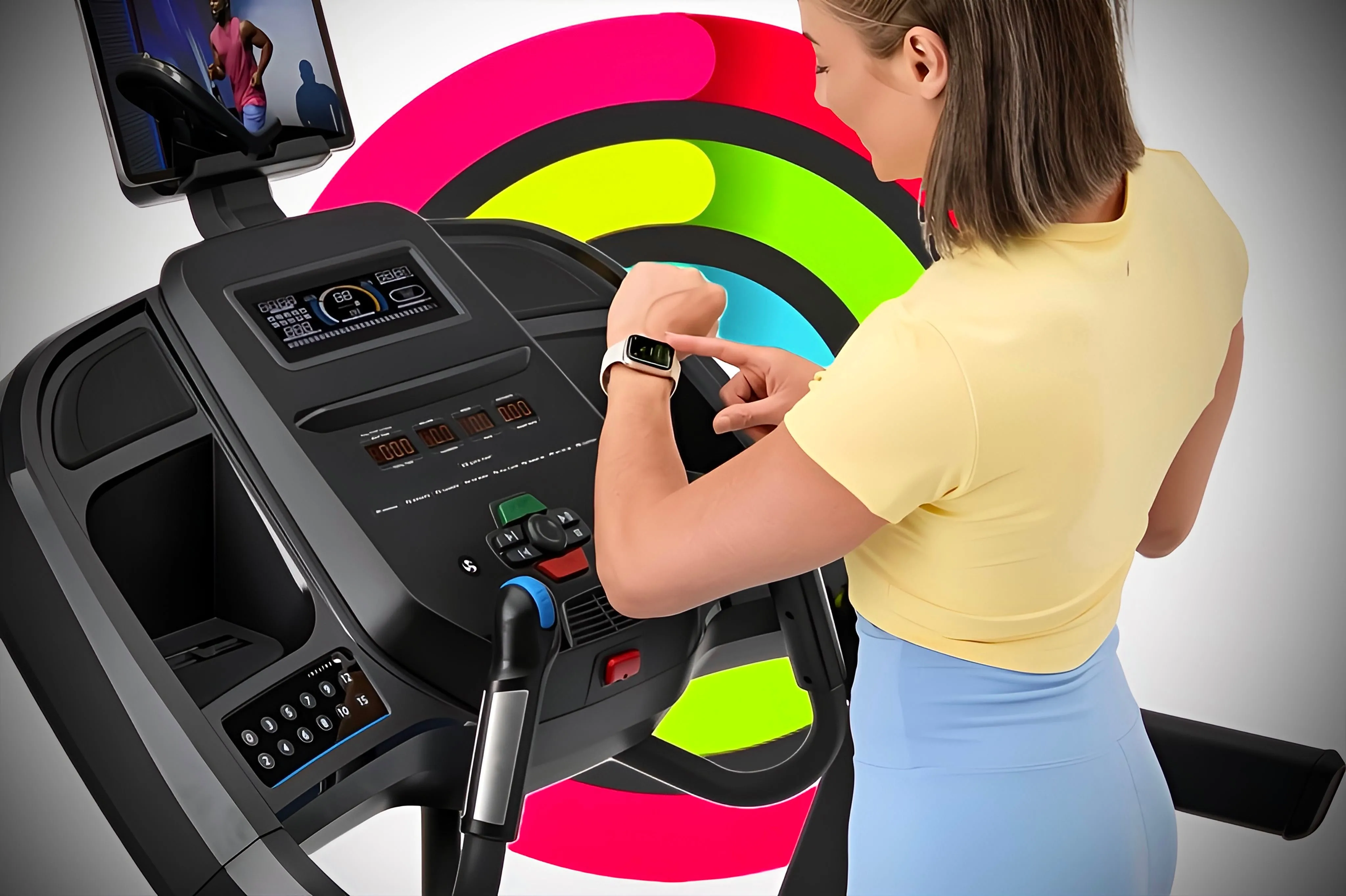 Một người dùng xác nhận kết nối Apple Watch với máy chạy bộ, hiển thị vòng hoạt động khép kín.
