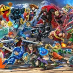 Một phần biểu ngữ quảng cáo game Super Smash Bros. Ultimate, với nhiều nhân vật có thể điều khiển.