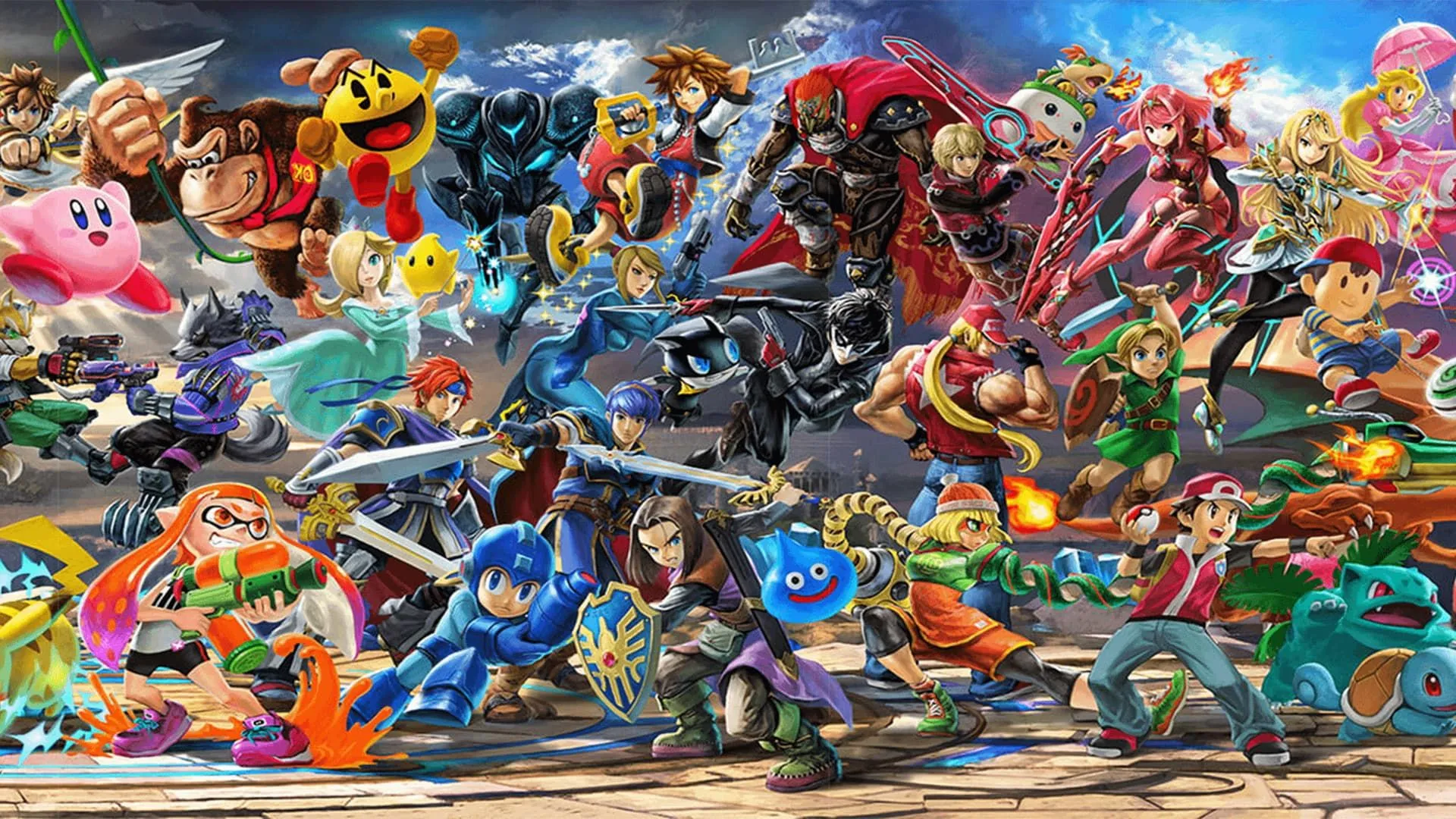 Một phần biểu ngữ quảng cáo game Super Smash Bros. Ultimate, với nhiều nhân vật có thể điều khiển.