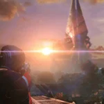 Một phân cảnh hành động trong Mass Effect 3 với hai nhân vật chiến đấu chống lại kẻ thù.
