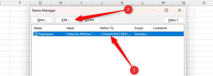 Một tên trong hộp thoại Name Manager của Excel được chọn và nút Edit được tô sáng để chỉnh sửa.