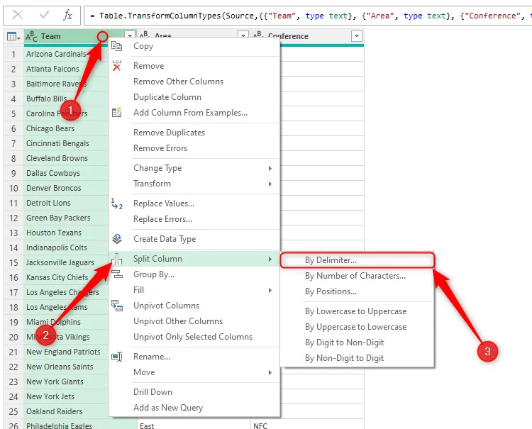 Một tiêu đề cột trong Power Query Editor của Excel được chọn qua chuột phải, và tùy chọn &quot;By Delimited&quot; (Theo dấu phân cách) trong &quot;Split Column&quot; (Tách cột) được chọn.