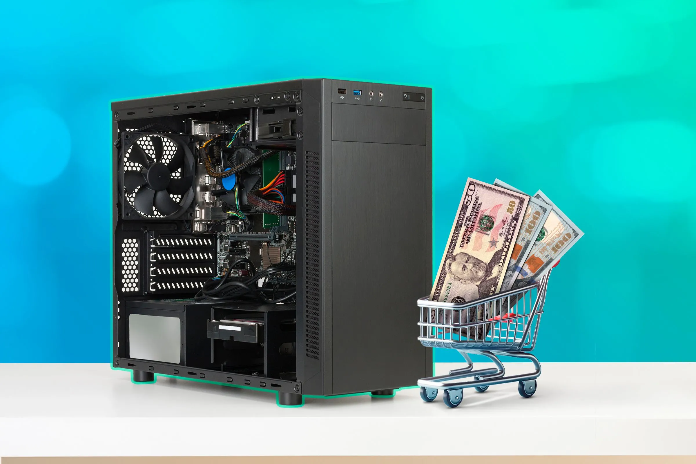 Một vỏ case máy tính và một xe đẩy hàng thu nhỏ với một vài tờ đô la, biểu trưng cho chi phí lắp đặt PC.