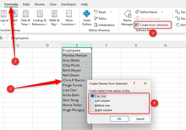 Một vùng Excel được chọn, và Top Row được chọn trong hộp thoại Create From Selection, để tự động đặt tên.