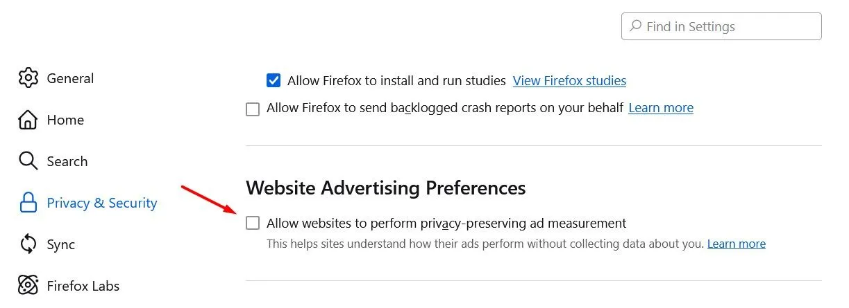 Mục Tùy Chọn Quảng Cáo Trang Web trong Firefox