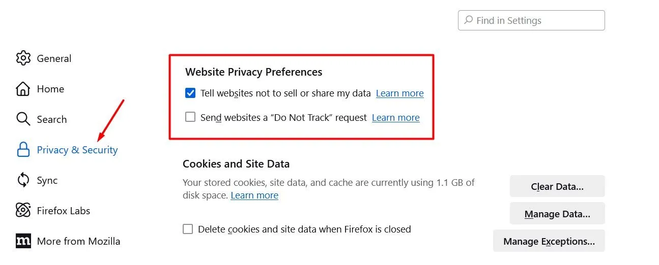 Mục Tùy Chọn Quyền Riêng Tư Trang Web trong Firefox