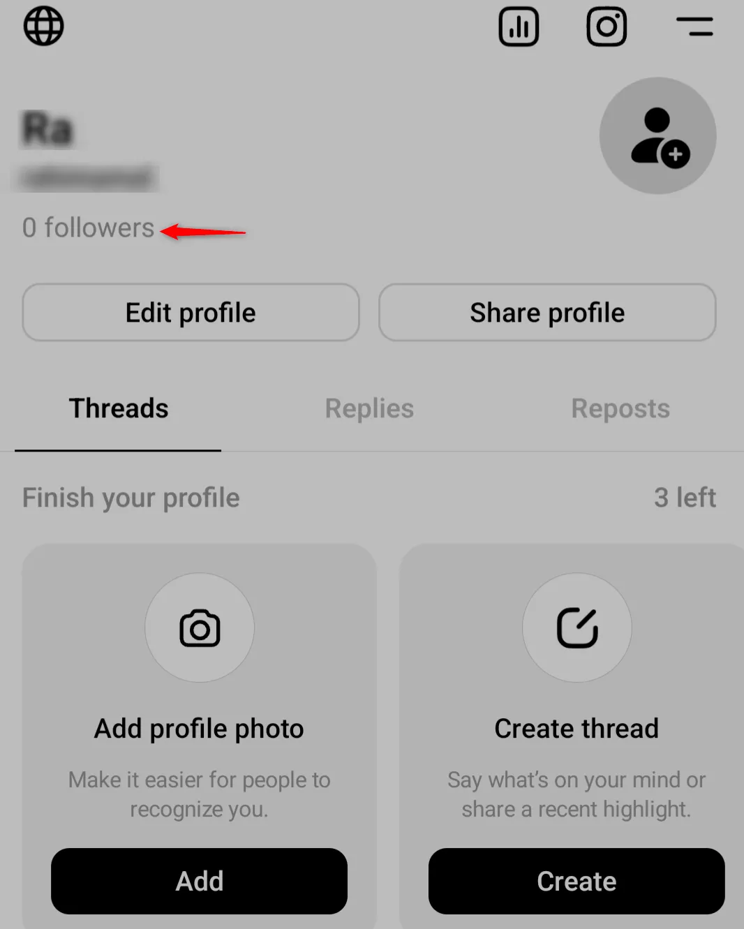 Mũi tên chỉ vào mục "Followers" dưới tên người dùng trên ứng dụng Threads để kiểm tra danh sách người theo dõi.