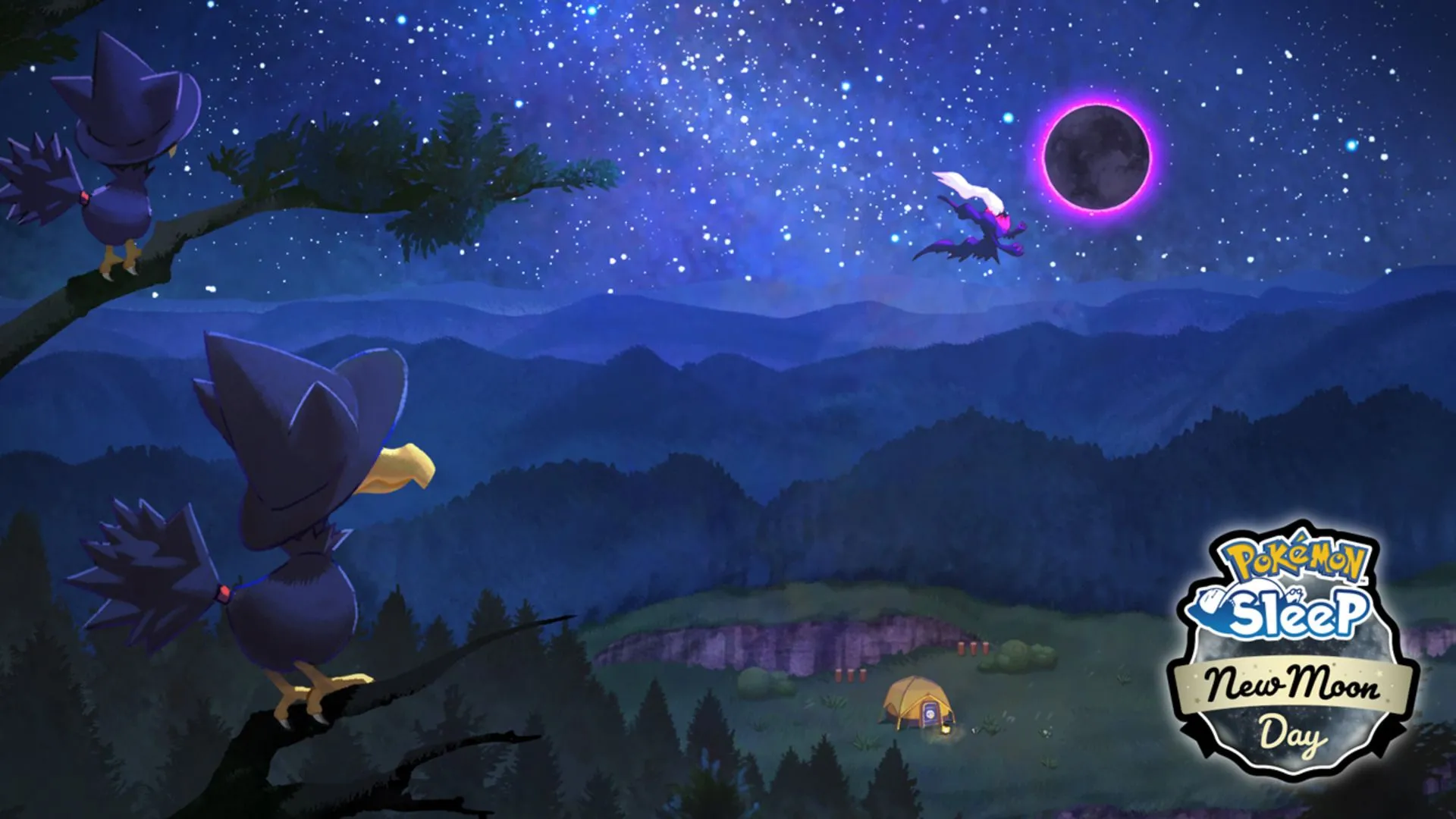 Murkrow và Darkrai trong game Pokémon Sleep, minh họa cho việc đi ngủ.