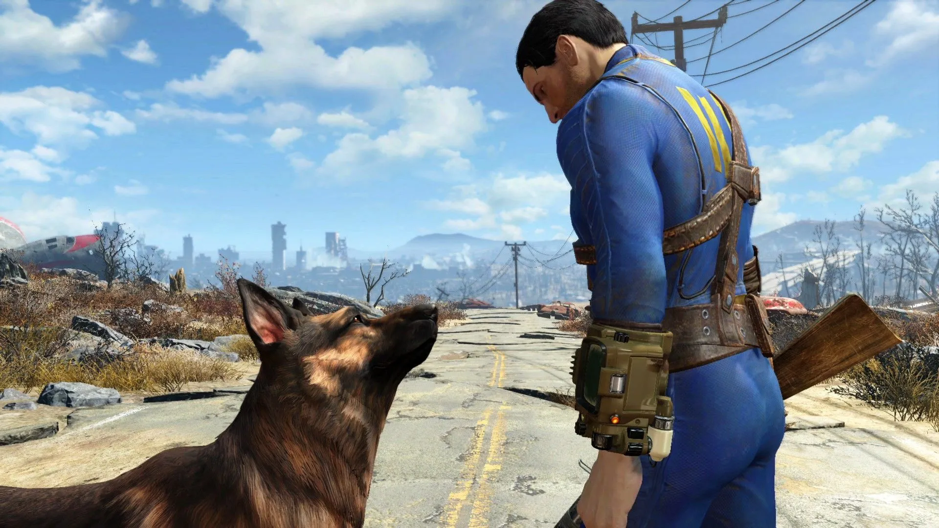 Nate và Dogmeat trên con đường hoang vắng trong Fallout 4, một tựa game Bethesda nổi tiếng với cộng đồng mod lớn trên cả PC và console.