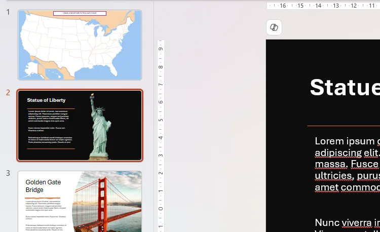 Ngăn hình thu nhỏ trong PowerPoint hiển thị slide tổng quan và các slide chi tiết về địa danh.