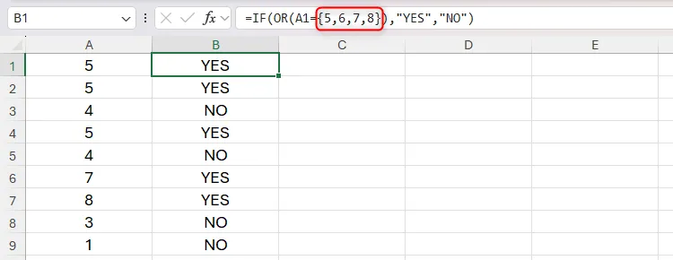 Ngoặc nhọn được sử dụng trong công thức IF-OR trong Excel để chỉ định nhiều tiêu chí