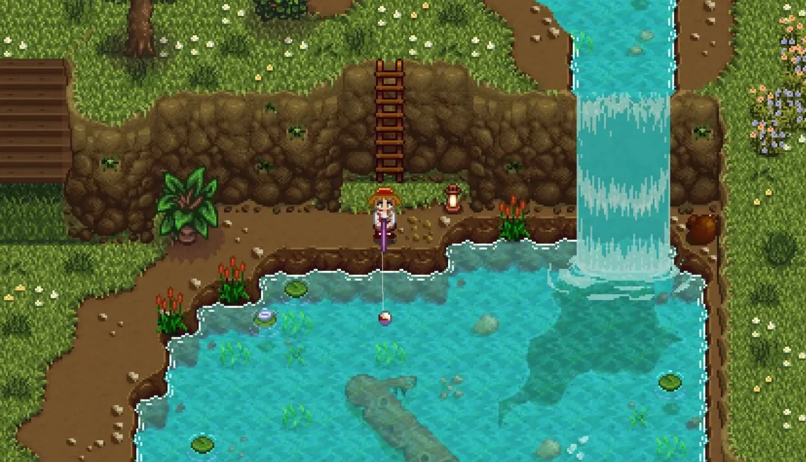 Người chơi đang câu cá trên núi trong Stardew Valley, với màu sắc tự nhiên và dịu mắt nhờ mod DaisyNiko's Earthy Recolour, nâng cao trải nghiệm thị giác.