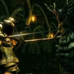 Người chơi đang chiến đấu với một con boss khổng lồ trong game Dark Souls, cảnh tượng đầy căng thẳng và thử thách.