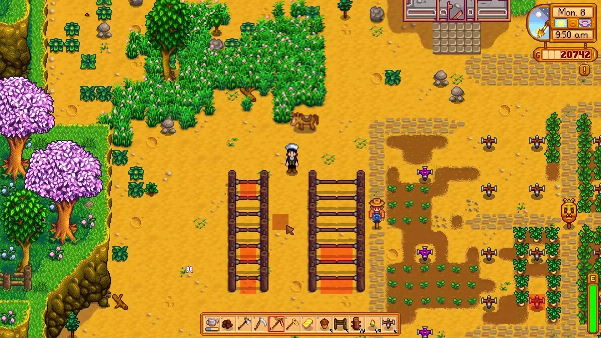 Người chơi đứng trước một loạt cổng trên nông trại Stardew Valley, minh họa tính năng tự động đóng mở của mod Automatic Gates.