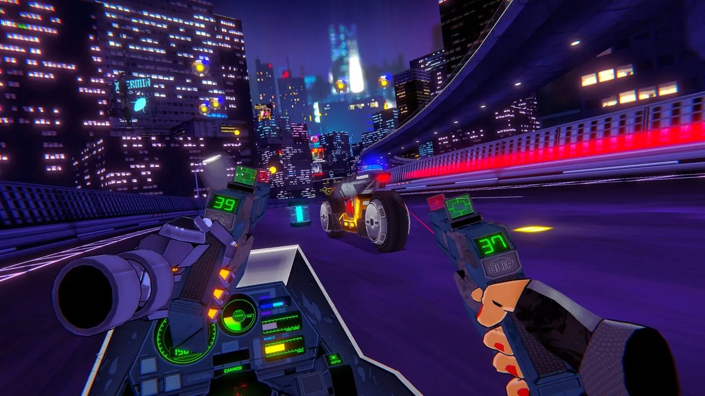 Người chơi lái mô tô bắn súng vào đối thủ trong game VR RUNNER với bối cảnh cyberpunk đầy kịch tính