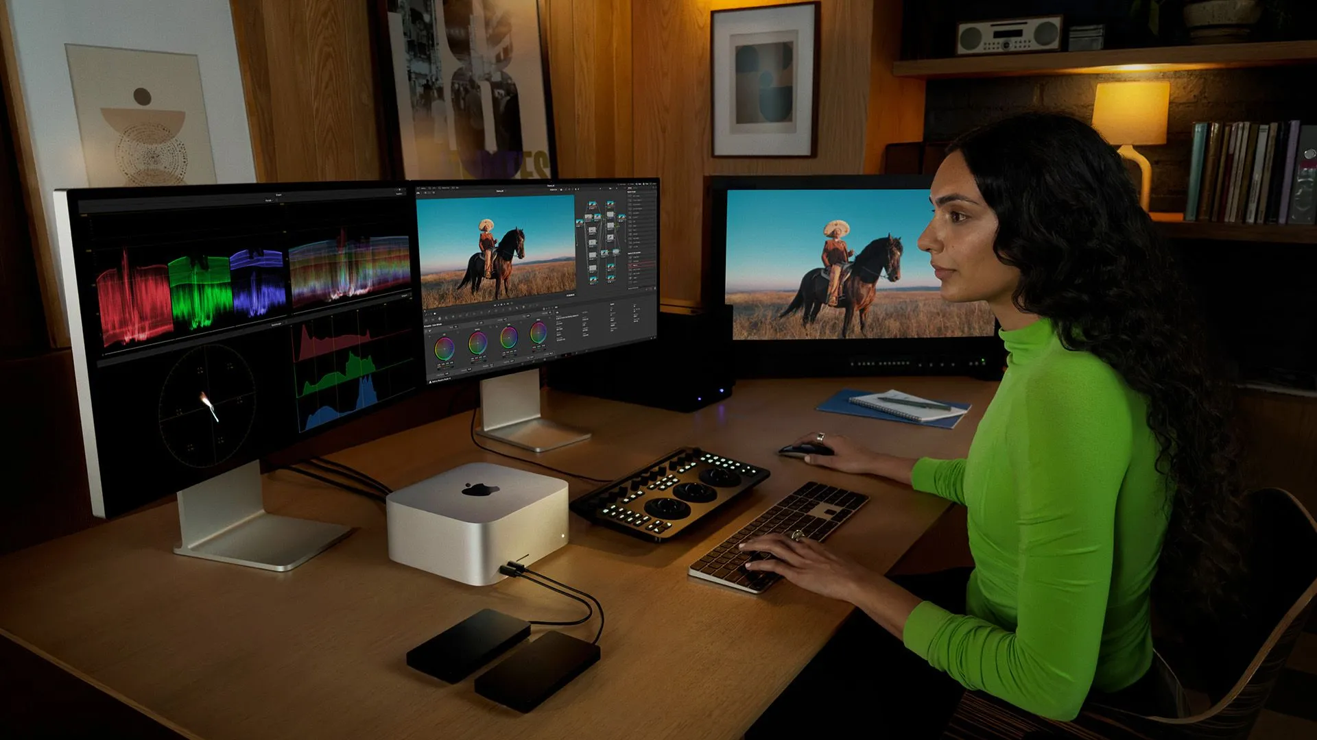 Người dùng đang chỉnh sửa video trên Mac Studio với thiết lập hai màn hình Apple Studio Display, cho thấy không gian làm việc chuyên nghiệp