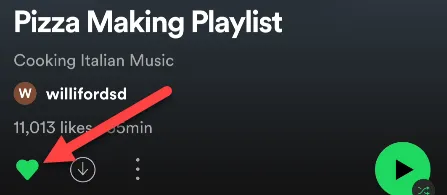 Nhấn vào biểu tượng trái tim màu xanh lá cây để bỏ theo dõi playlist.
