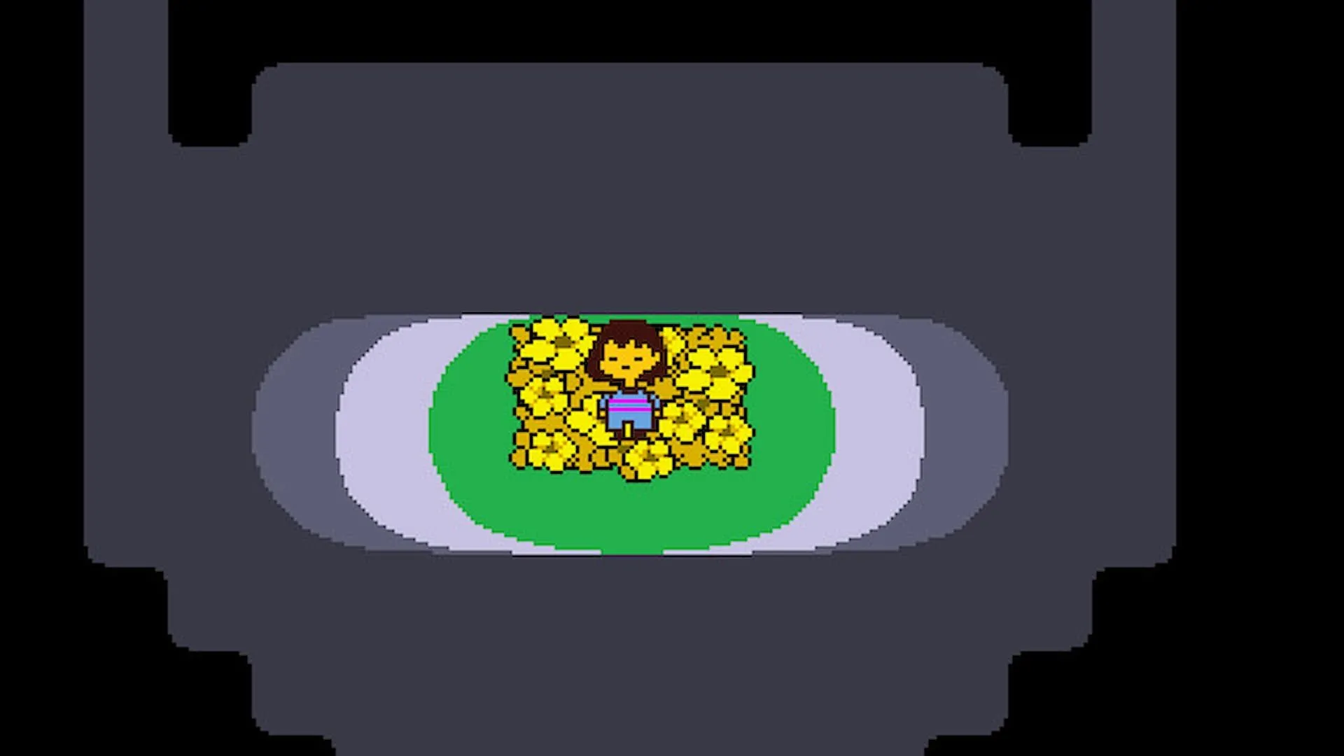 Nhân vật chính của Undertale nằm giữa những bông hoa vàng rực rỡ, tượng trưng cho bối cảnh độc đáo của game nhập vai này.